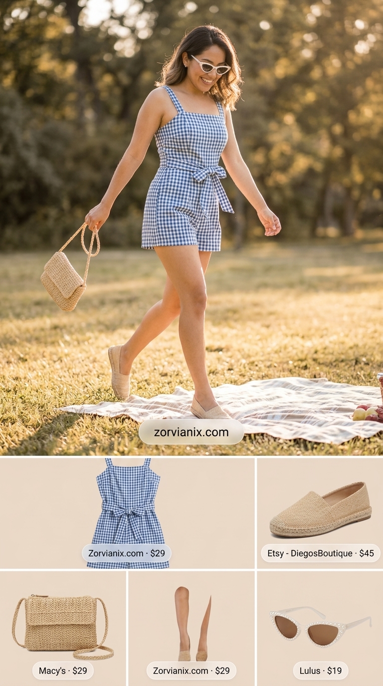 Picnic Romper Outfits for Women 2026 Blue gingham romper outfit for women 2026, perfect for picnics and casual daytime dates.