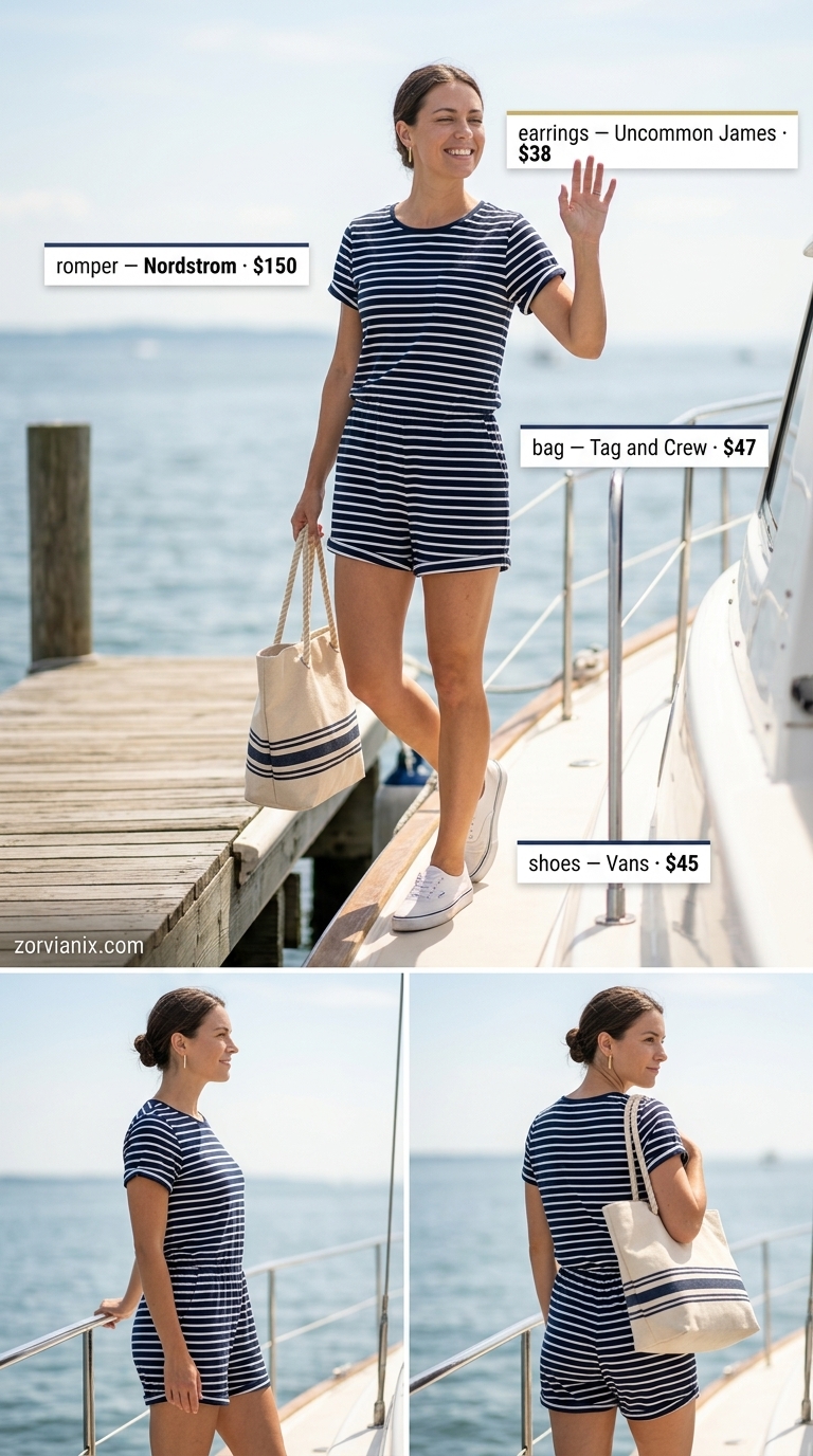 Nautical Romper Outfits for Women 2026 Navy and white striped romper outfit for women 2026, perfect for weekend getaways and boat days.