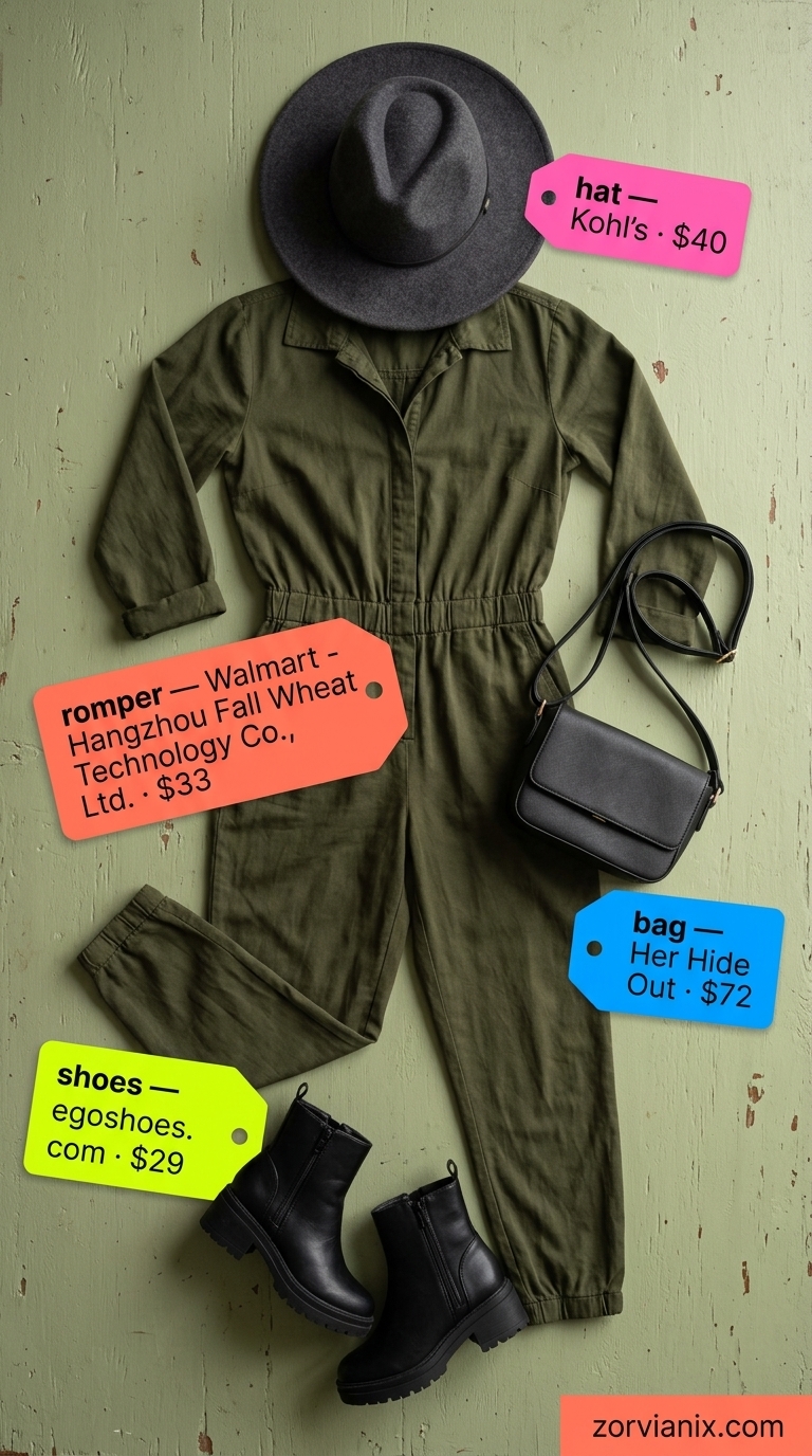 City Safari Romper Outfits for Women 2026 Olive green utility romper outfit for women 2026, ideal for city sightseeing and casual days.