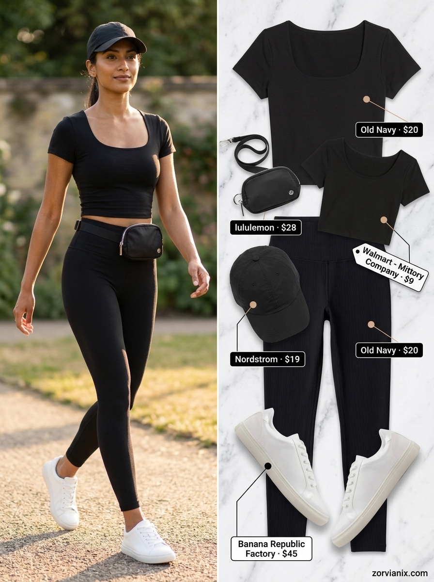 Sporty summer scoop neck outfits for women 2026: Black crop top, grey jacket, black leggings.