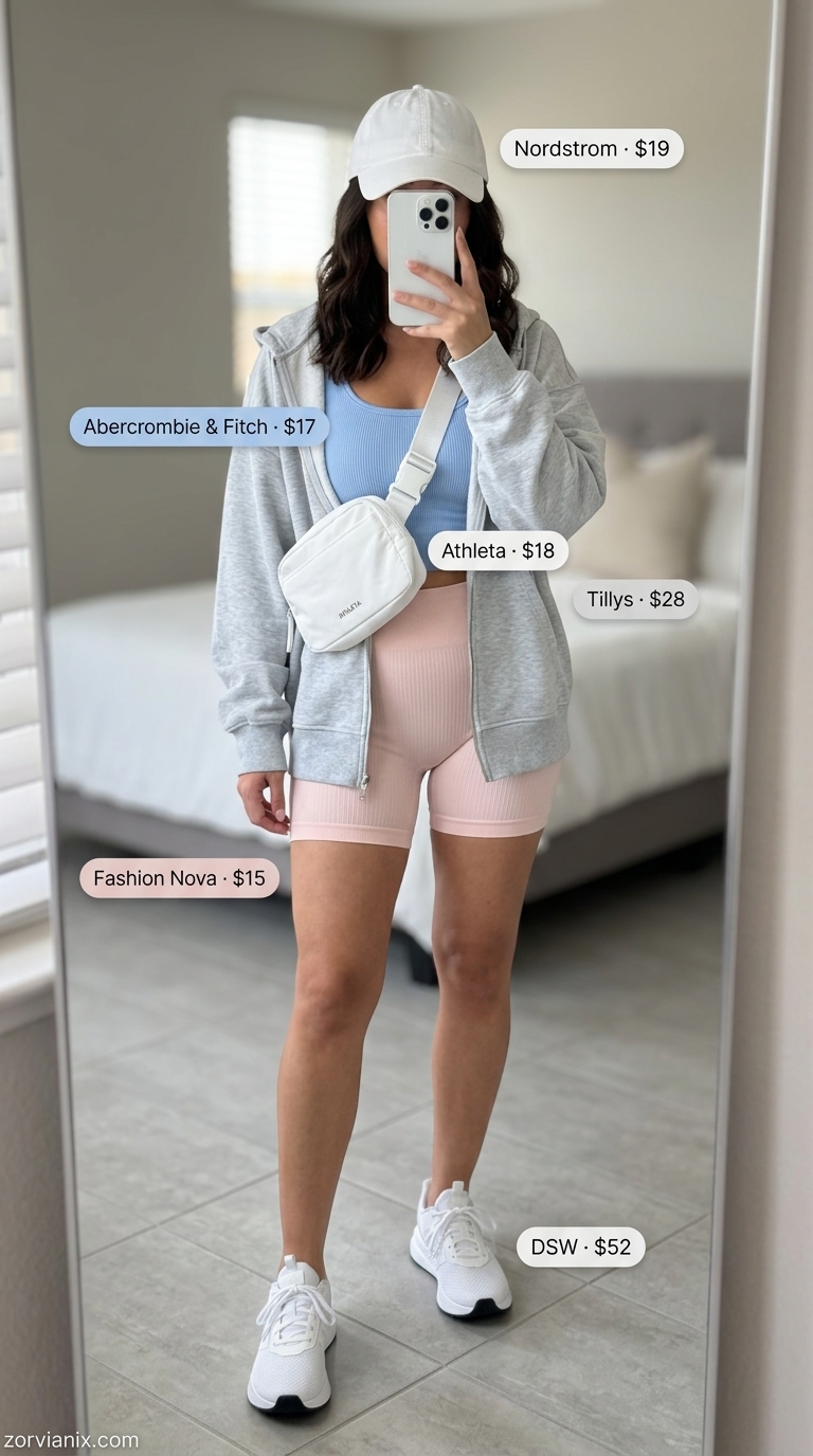 Blush pink athleisure set with hoodie & sneakers. Summer Scoop Neck outfits for women 2026.