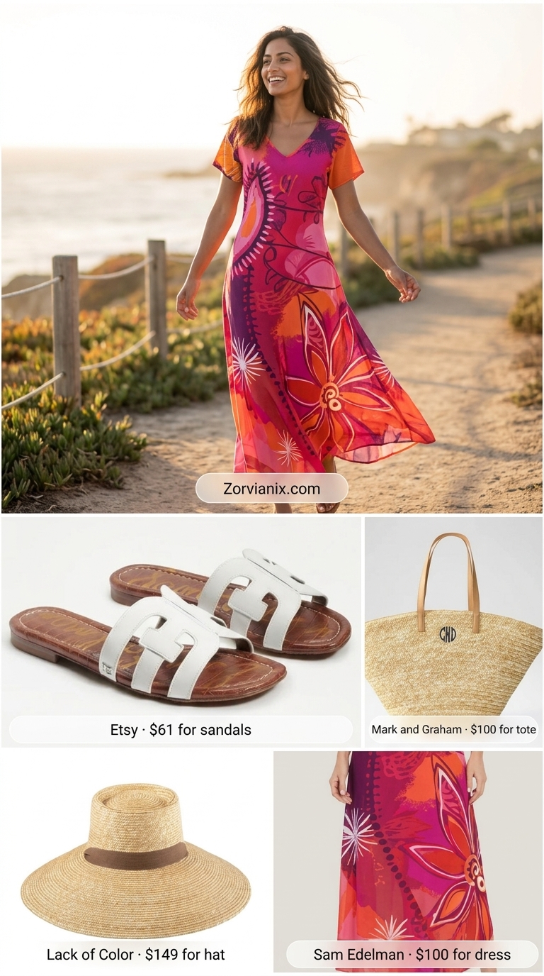 Boho beach cover-up maxi dress with abstract print, straw hat & tote. Summer Scoop Neck outfits for women 2026.