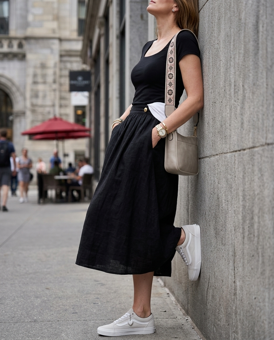Casual summer scoop neck outfits for women 2026: Black A-line midi skirt, white tee, grey bag, silver earrings.