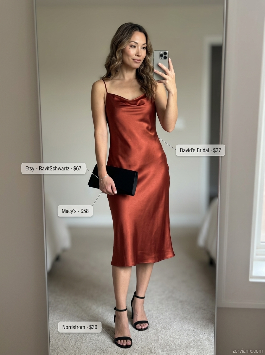 Coral satin slip dress with scoop neck, black strappy heels & clutch for summer scoop neck outfits for women 2026.