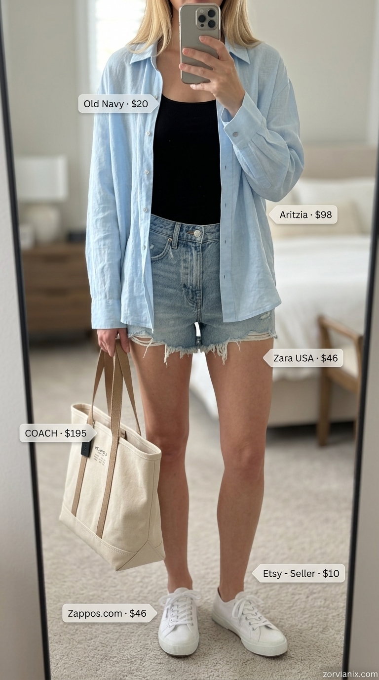 Denim shorts, graphic tee, linen shirt. Summer Scoop Neck outfits for women 2026.