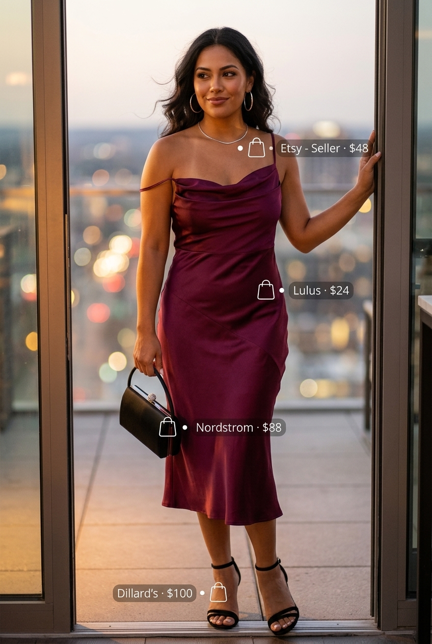 Sophisticated summer scoop neck outfits for women 2026: Berry slip dress, black heels, silver hoops.