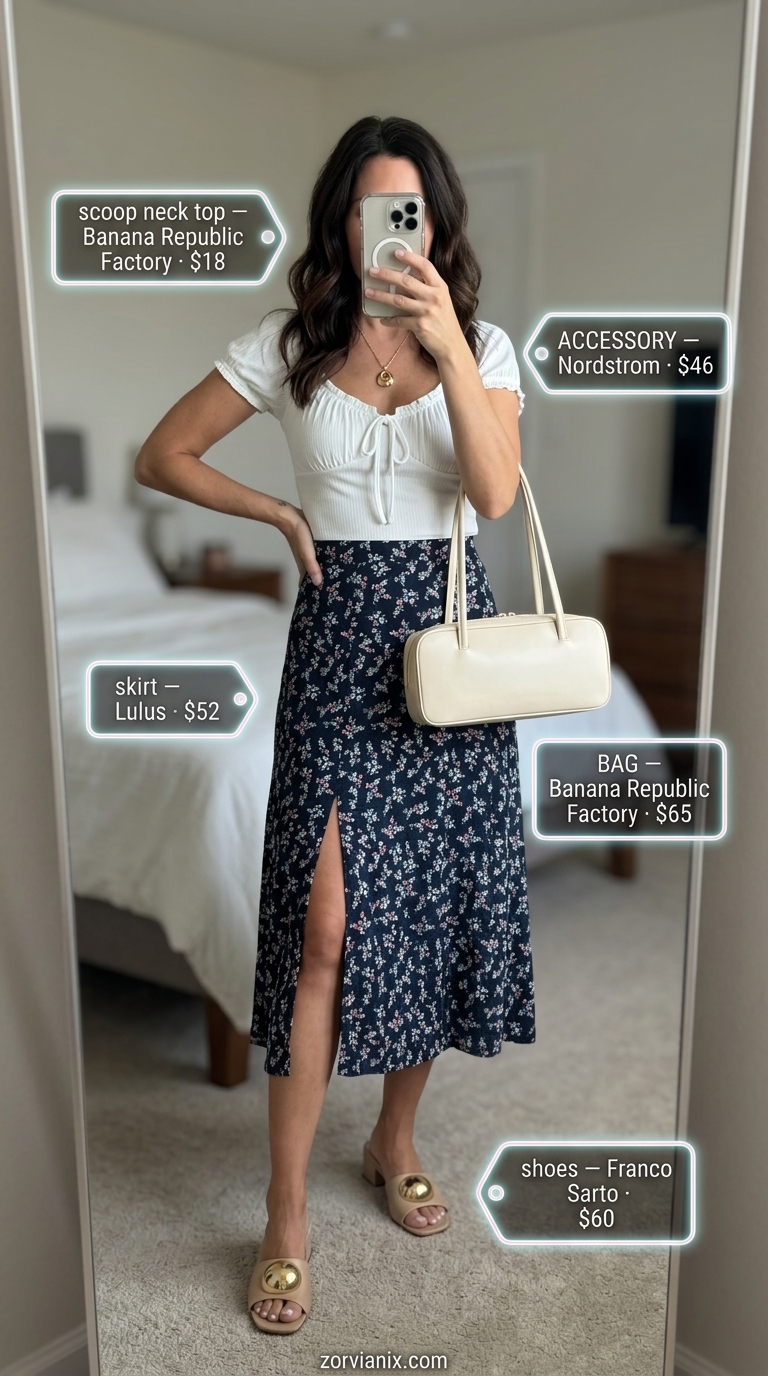 Floral midi skirt, white scoop neck tank & tan block heels for summer scoop neck outfits for women 2026.