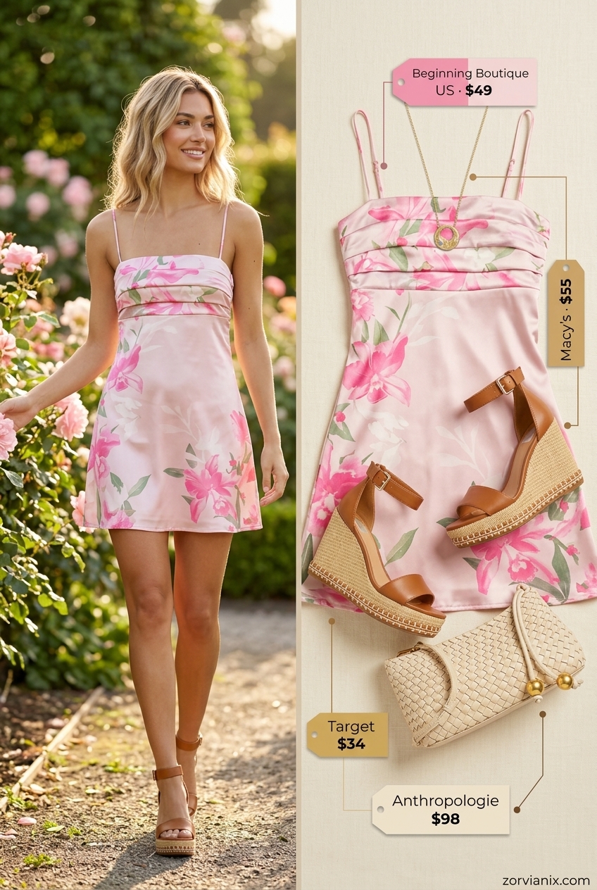 Floral mini dress with scoop neck, espadrille wedges & straw bag for summer scoop neck outfits for women 2026.