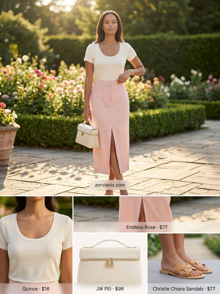 Elegant summer scoop neck outfits for women 2026: Blush pink linen skirt, cream tank, gold hoops.