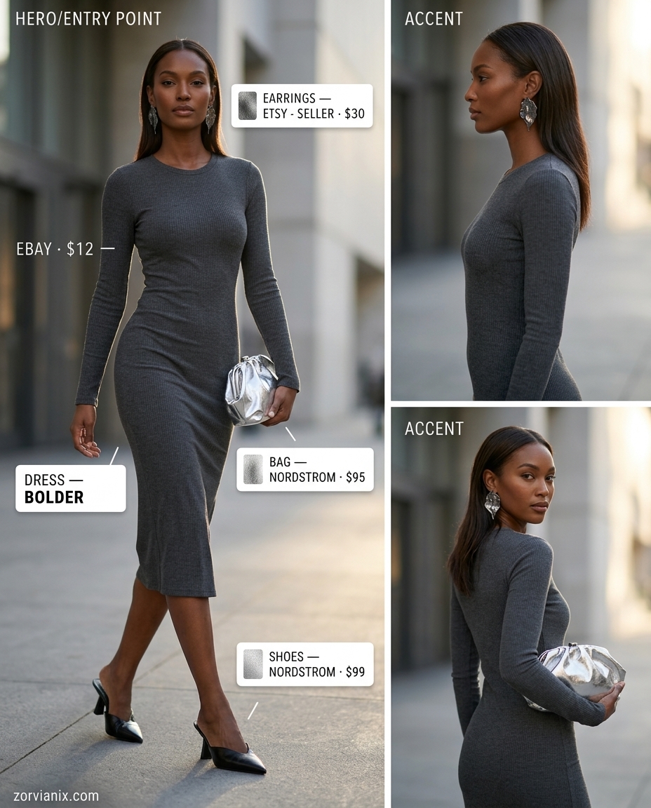 Charcoal knit midi dress with scoop neck, black mules & silver clutch for summer scoop neck outfits for women 2026.