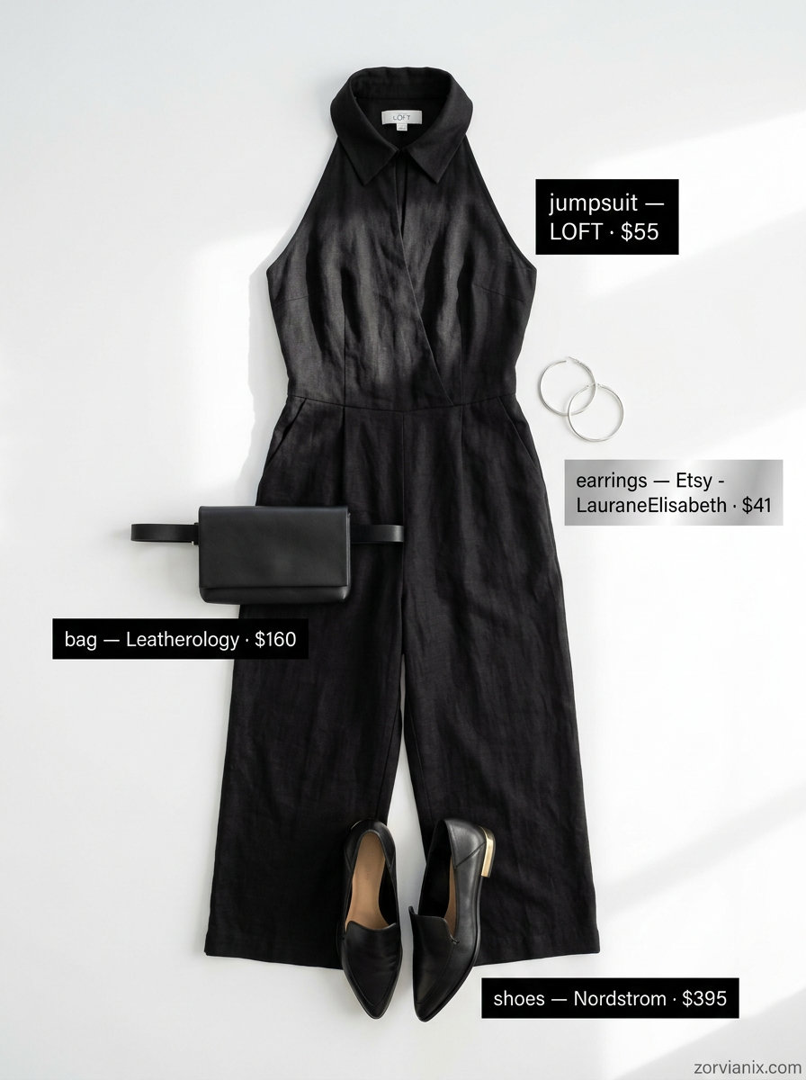 Chic summer scoop neck outfits for women 2026: Black linen jumpsuit, loafers, silver hoops.