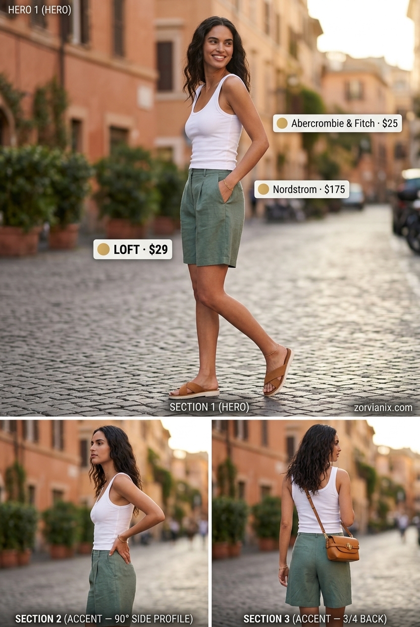 Polished summer scoop neck outfits for women 2026: Sage green shorts, white tank, tan slides.