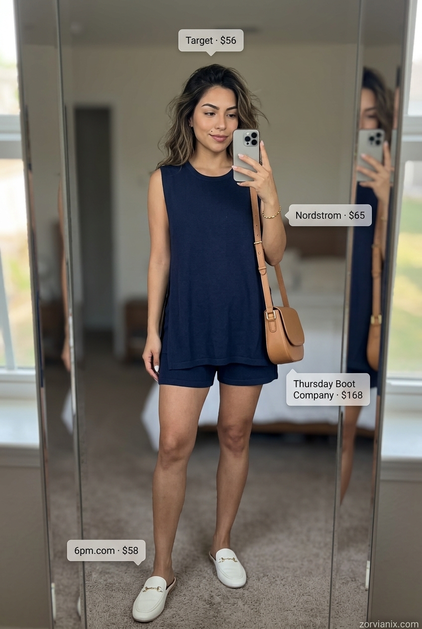 Navy blue scoop neck top & shorts set with gold jewelry. Summer Scoop Neck outfits for women 2026.