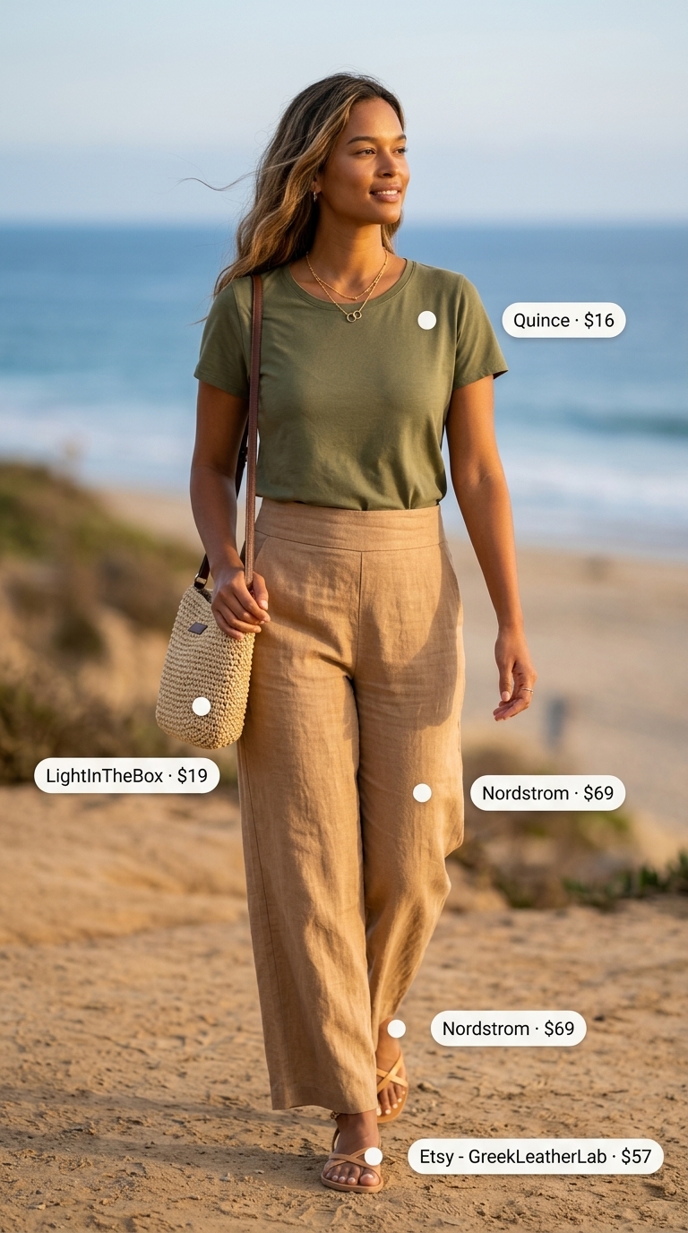 Olive green linen pants & cream scoop neck top. Summer Scoop Neck outfits for women 2026.