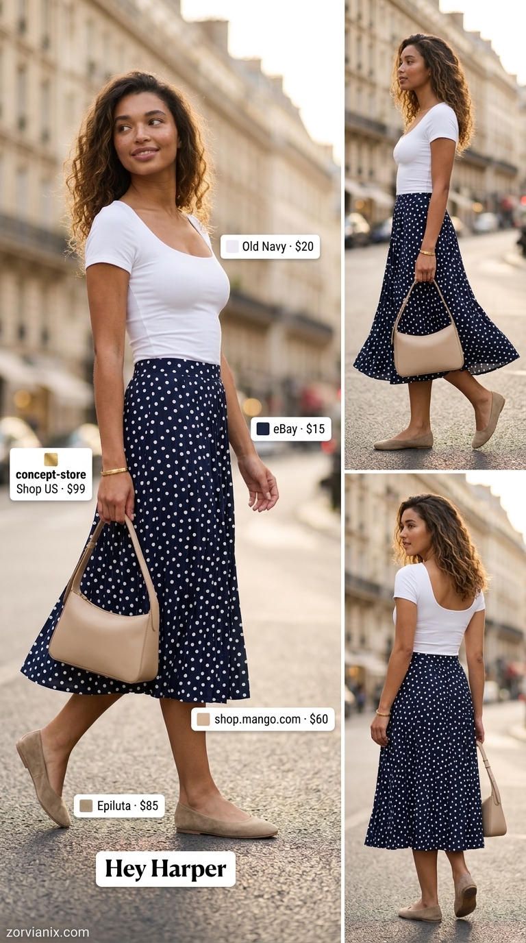 Playful summer scoop neck outfits for women 2026: Navy polka dot skirt, white tee, beige flats.