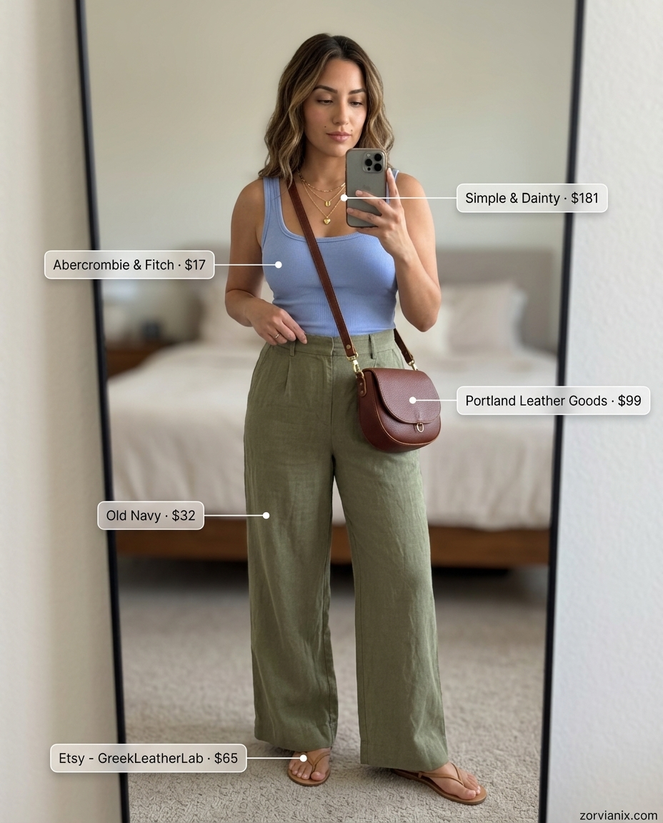 Sage green linen pants & cream ribbed scoop neck top. Summer Scoop Neck outfits for women 2026.