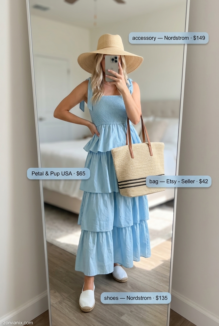 Sky blue maxi dress with scoop neck, straw hat & tote for summer scoop neck outfits for women 2026.