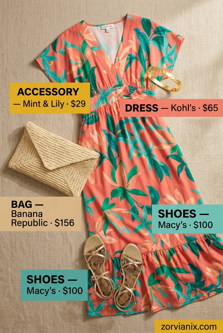 Coral, teal & green maxi dress with scoop neck, straw clutch & gold bracelet for summer scoop neck outfits for women 2026.