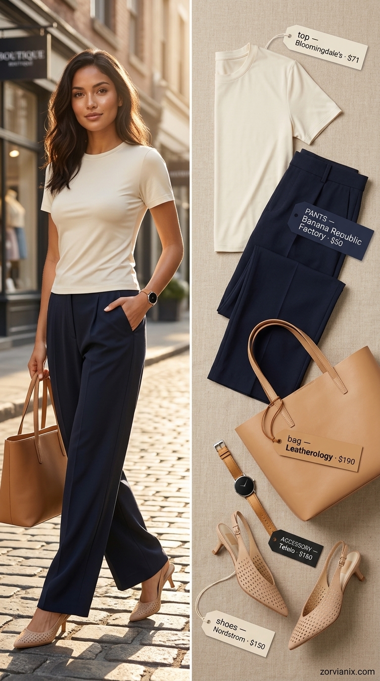 Navy wide-leg trousers, white scoop neck blouse & tan slingbacks for summer scoop neck outfits for women 2026.