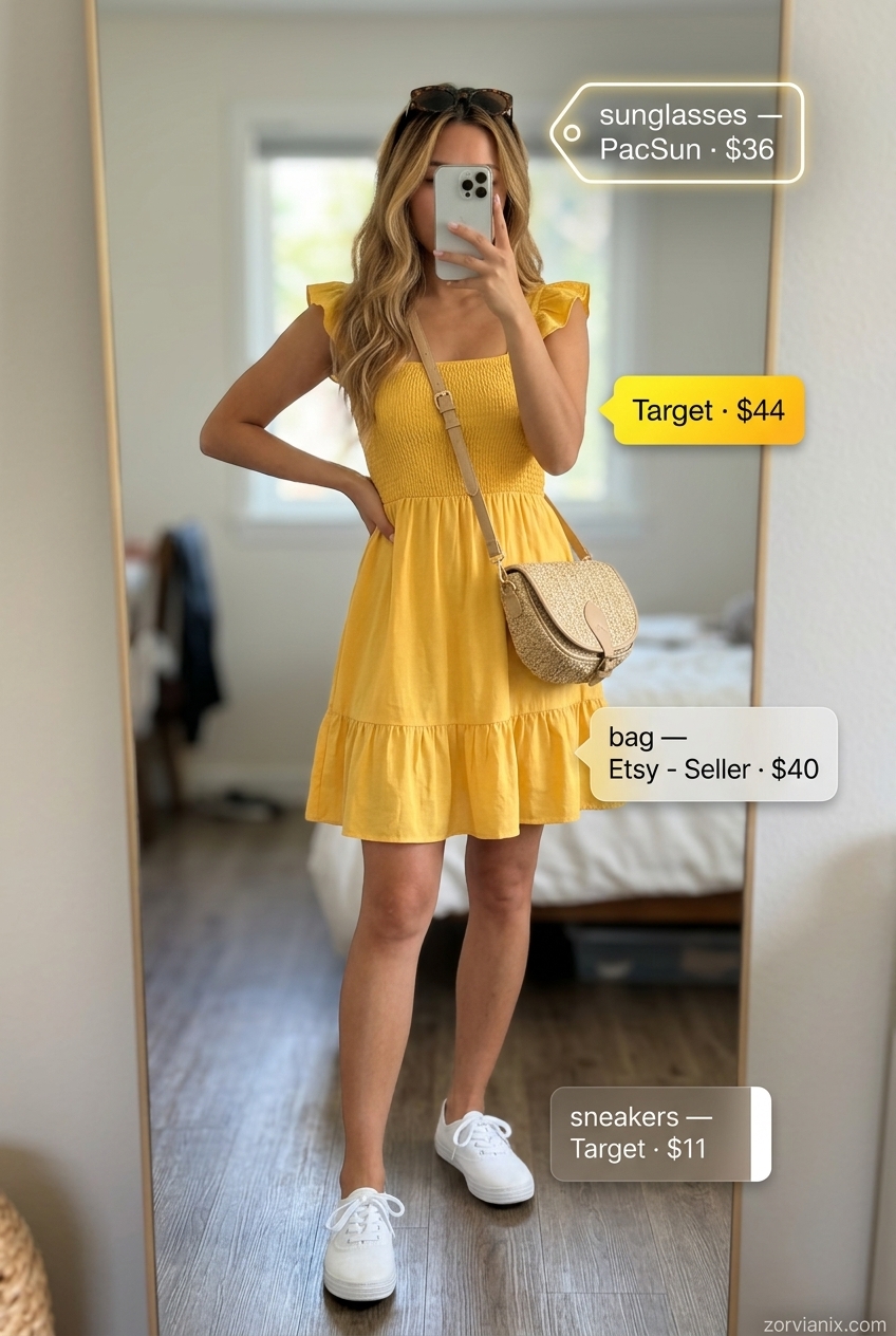 Bright yellow sundress with sunglasses & sneakers. Summer Scoop Neck outfits for women 2026.