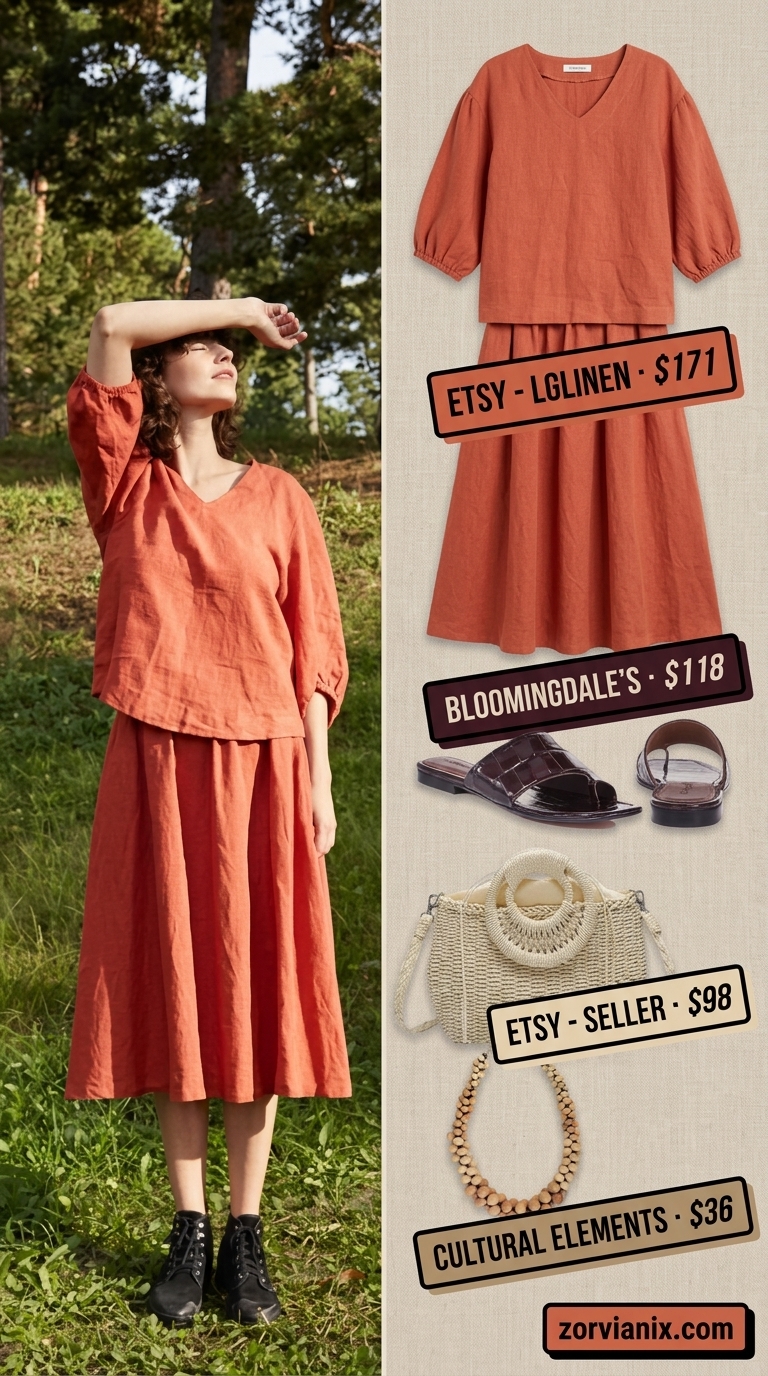 Earthy Summer Set Outfits for Women 2026 Earthy terracotta linen summer set outfits for women 2026: culottes, tunic, wood necklace, sandals.