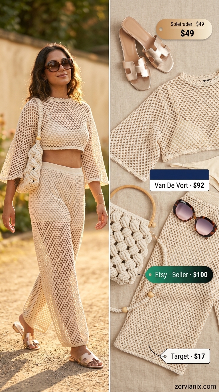 Boho Summer Set Outfits for Women 2026 Cream crochet knit matching set for women, perfect for boho beach bonfires and resort evenings in 2026. Relaxed and luxe.