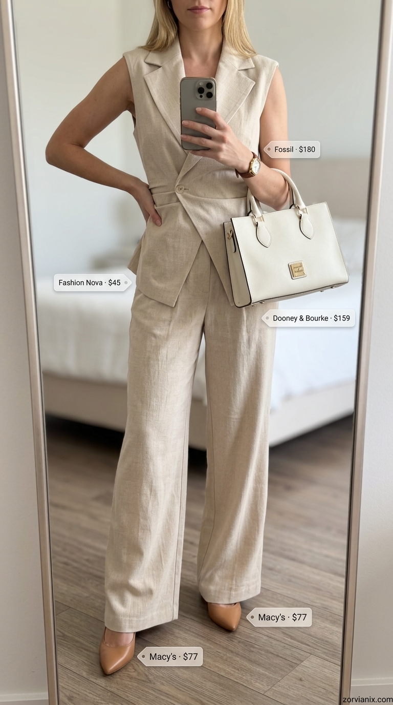 Sophisticated Summer Set Outfits for Women 2026 Polished light beige summer set outfits for women 2026: vest, trousers, tote, pumps.