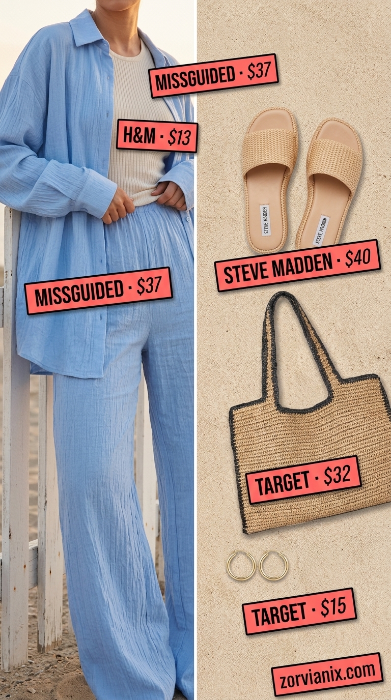 Coastal Summer Set Outfits for Women 2026 Sky blue linen blend matching set for women, perfect for coastal brunches and beach vacations in 2026. Airy and relaxed.