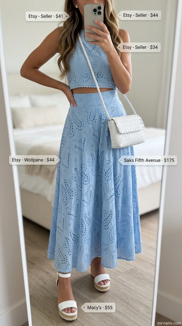 Romantic Summer Set Outfits for Women 2026 Romantic sky blue eyelet summer set outfits for women 2026: mini skirt, puff sleeve top, espadrilles.
