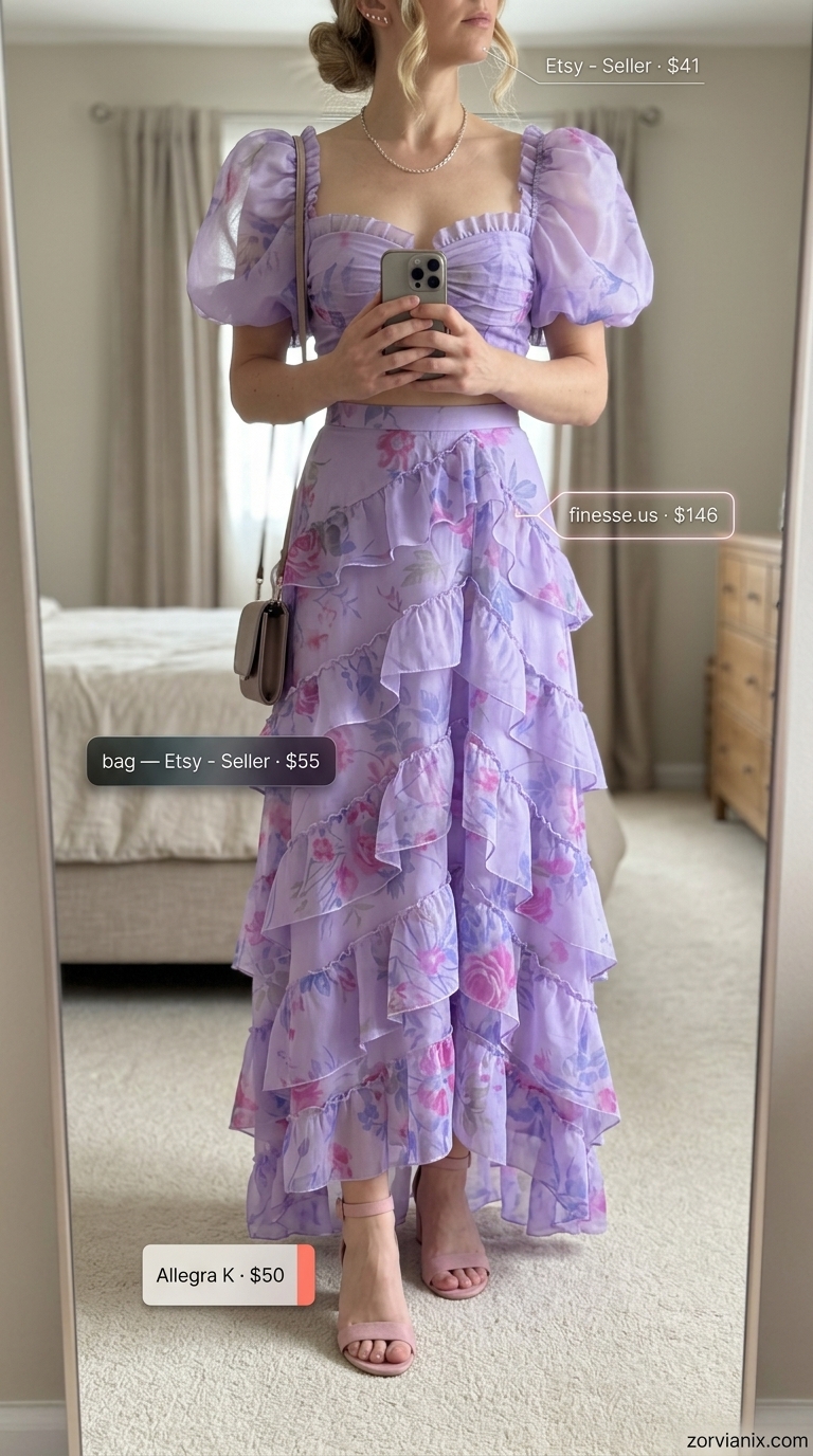 Romantic lavender floral set for women 2026, perfect for garden parties and weddings.