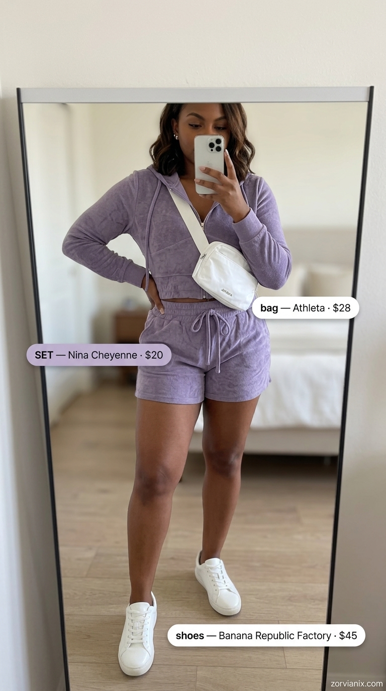Casual Summer Set Outfits for Women 2026 Comfortable lavender terry cloth summer set outfits for women 2026: shorts, hoodie, sneakers, belt bag.