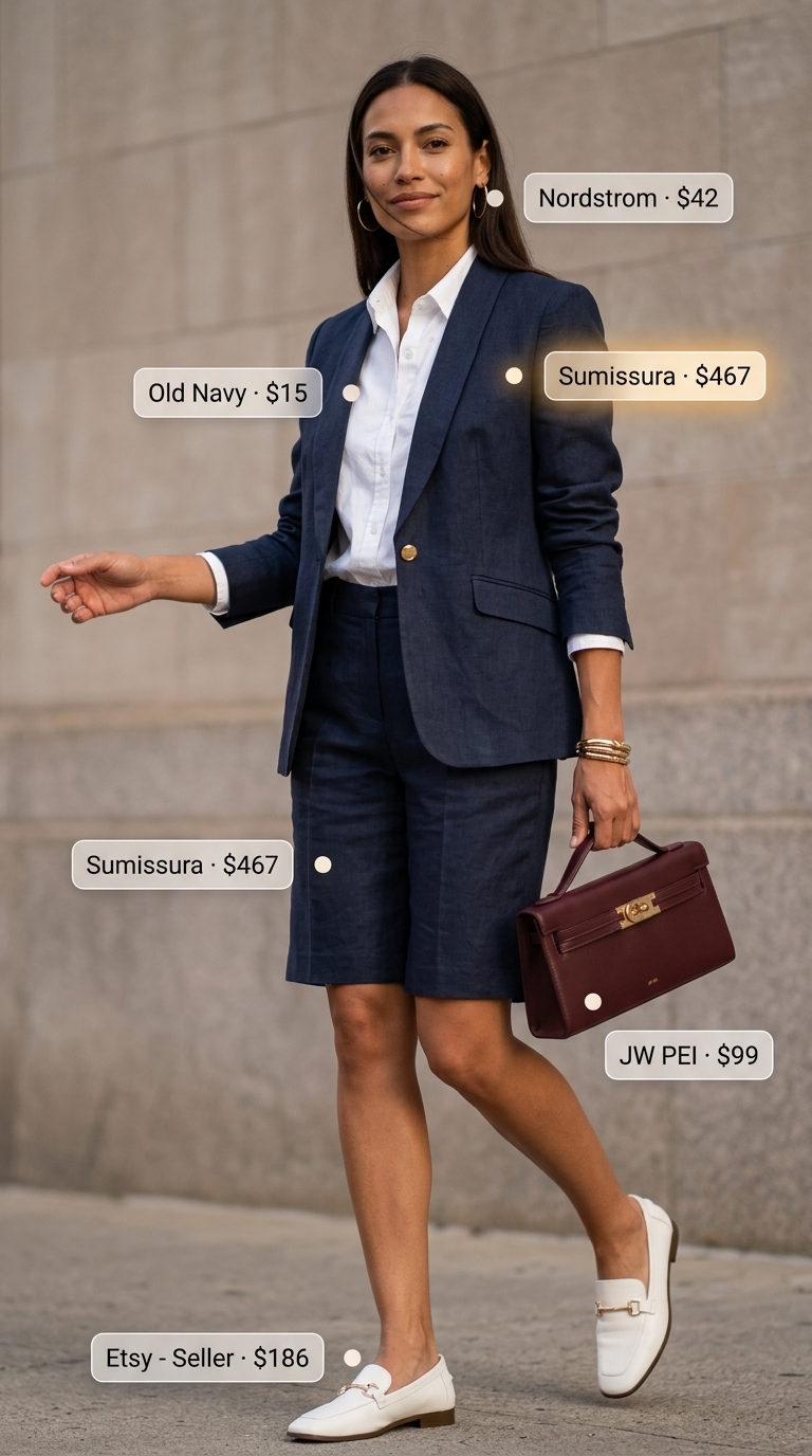 Preppy City Chic Set Outfits for Women 2026 Preppy navy linen set for women 2026, perfect for city brunch or smart casual work.