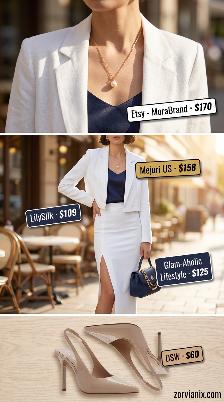 Preppy Summer Set Outfits for Women 2026 Preppy white and navy summer set outfits for women 2026: cropped blazer, mini skirt, camisole, heels.