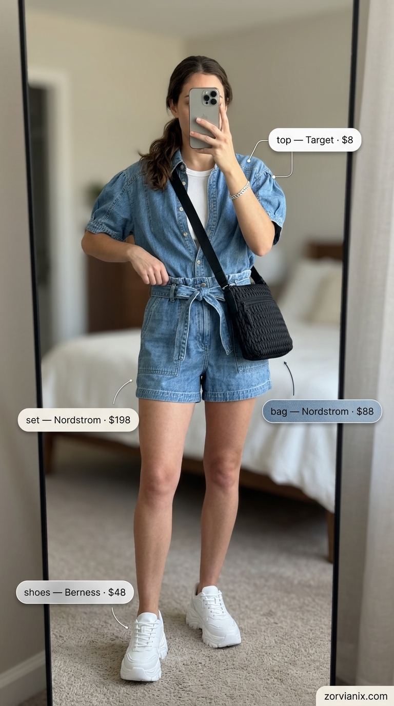 Denim Summer Set Outfits for Women 2026 Cool denim summer set outfits for women 2026: distressed shorts, oversized shirt, white tank, sneakers.