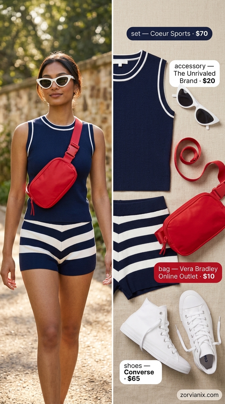 Retro Summer Set Outfits for Women 2026 Navy and white striped matching set for women, ideal for boardwalk strolls and festivals in 2026. Retro and casual.