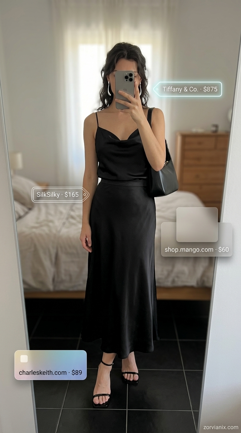 Satin Noir Set Outfits for Women 2026 Sleek black satin set for women 2026, perfect for date nights and cocktail parties.