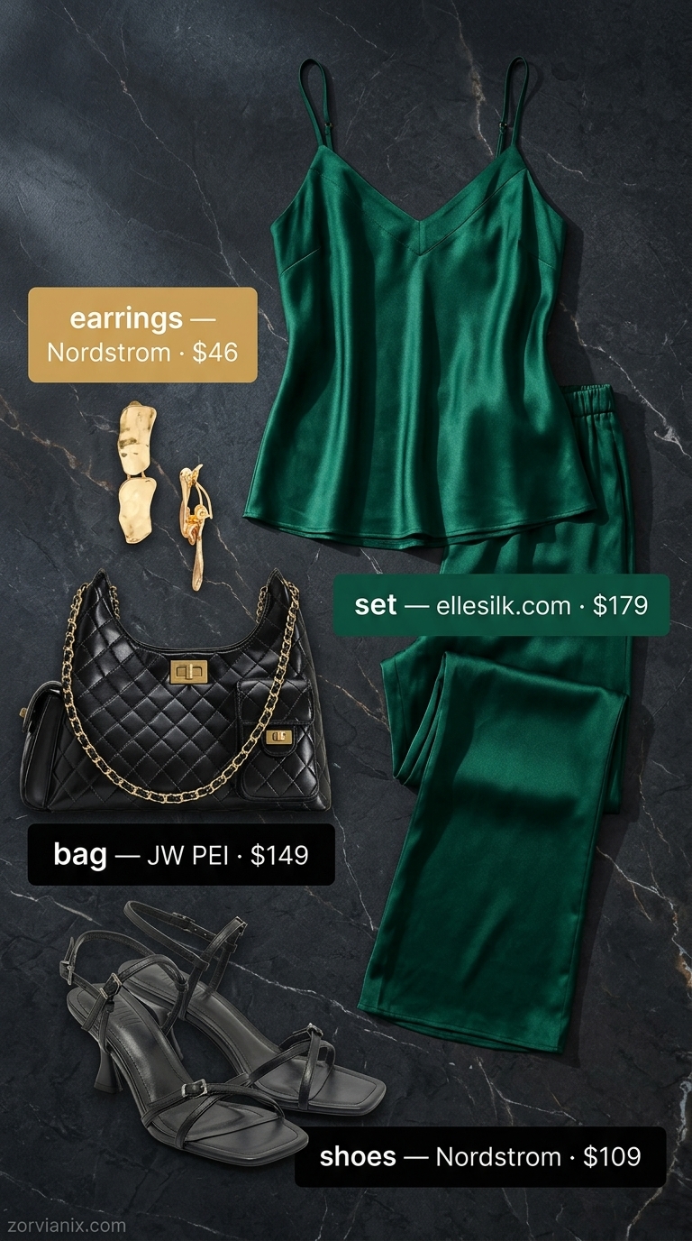 Glamorous Summer Set Outfits for Women 2026 Glamorous emerald green summer set outfits for women 2026: satin pants, camisole, black sandals, gold earrings.