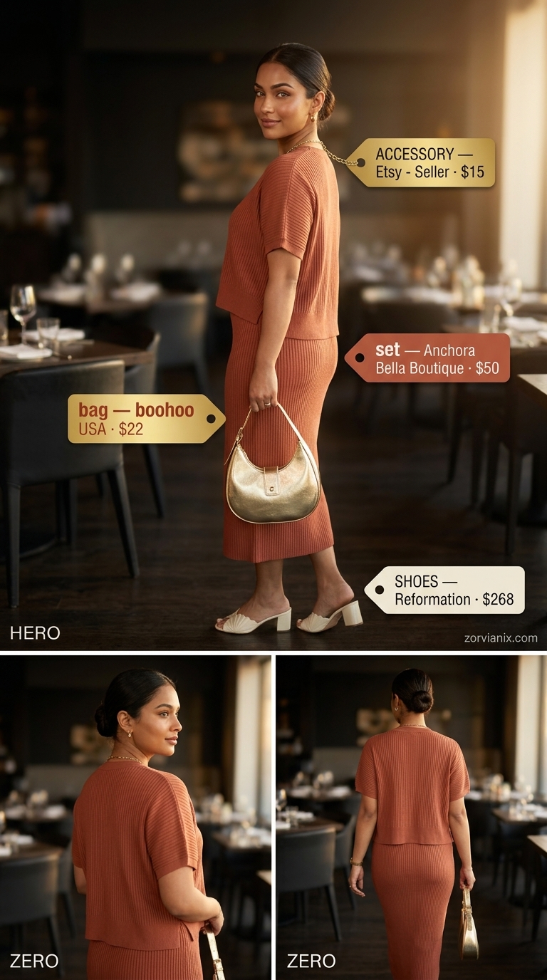 Terracotta Summer Set Outfits for Women 2026 Terracotta knit matching set for women, perfect for elevated summer dinners in 2026. Earthy and refined.