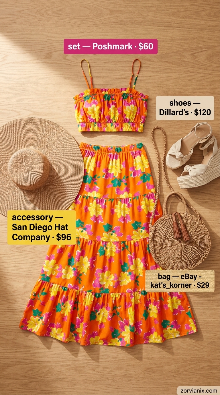 Tropical Summer Set Outfits for Women 2026 Vibrant floral summer set outfits for women 2026: palazzo pants, bandeau top, straw hat, espadrilles.