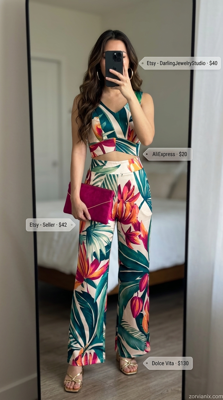 Exotic Summer Set Outfits for Women 2026 Exotic deep teal floral summer set outfits for women 2026: wide-leg pants, camisole, block heels.