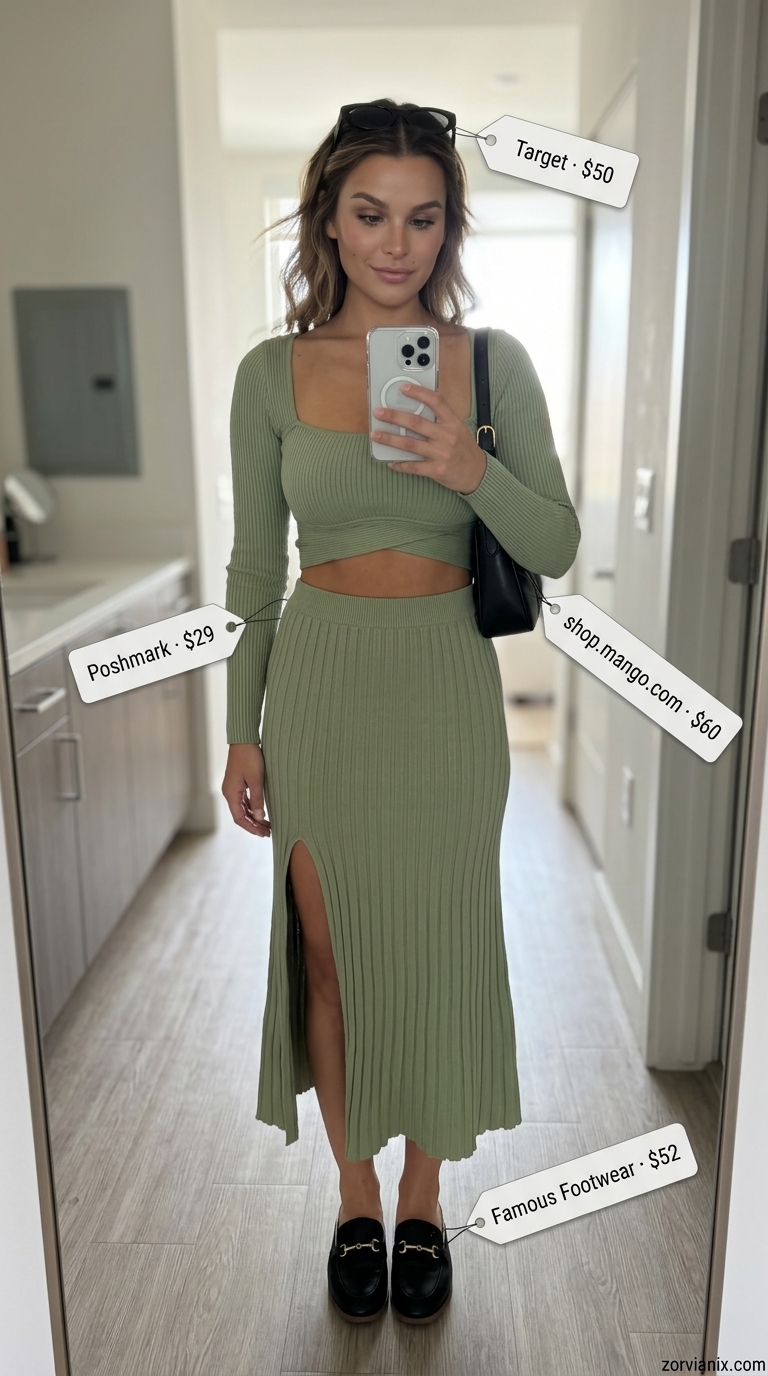 Urban Summer Set Outfits for Women 2026 Modern olive green knit summer set outfits for women 2026: midi skirt, crop top, mules, sunglasses.