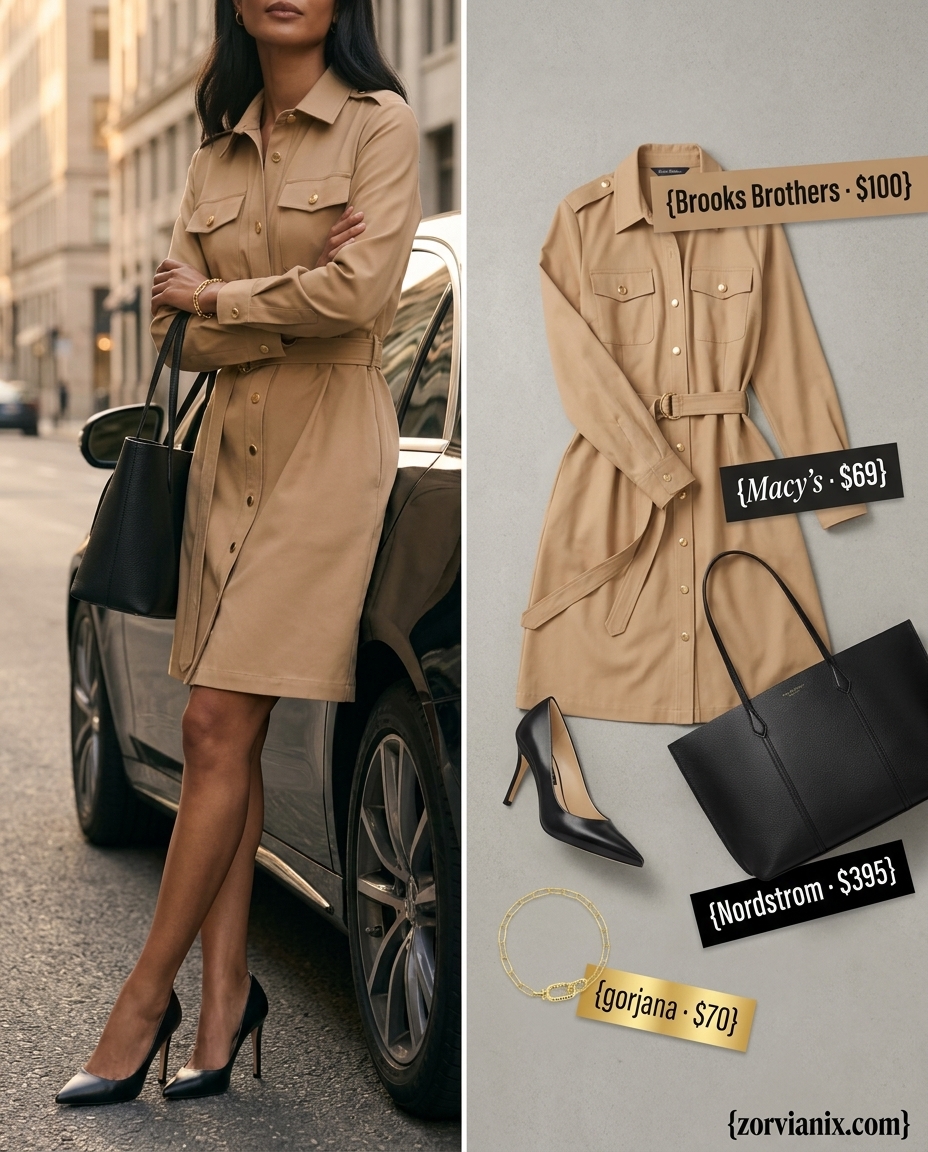 Beige tailored shirt dress for women 2026, ideal for office wear and post-work drinks. Paired with black pumps and leather tote.