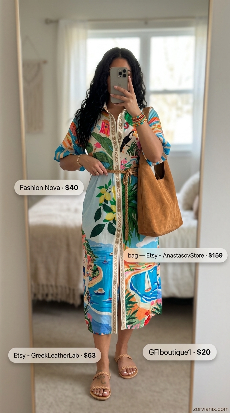 Boho summer outfit with a multi-color print shirt dress, tan leather sandals, and suede hobo bag.
