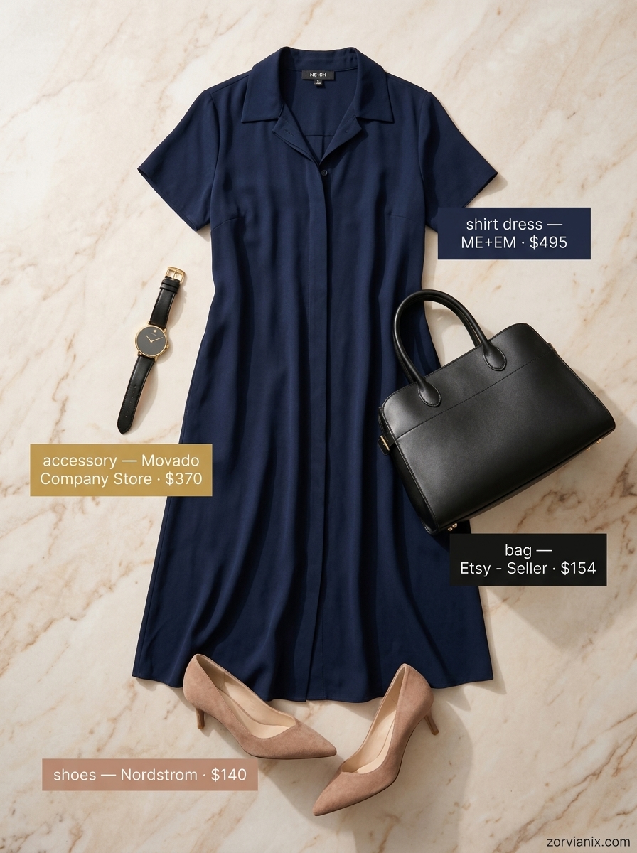Chic navy blue shirt dress for women 2026, perfect for office and business meetings. Paired with nude pumps and structured tote.