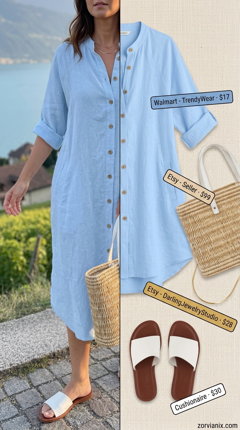 Coastal breeze outfit featuring a light blue linen shirt dress, straw tote bag, and white leather slides.