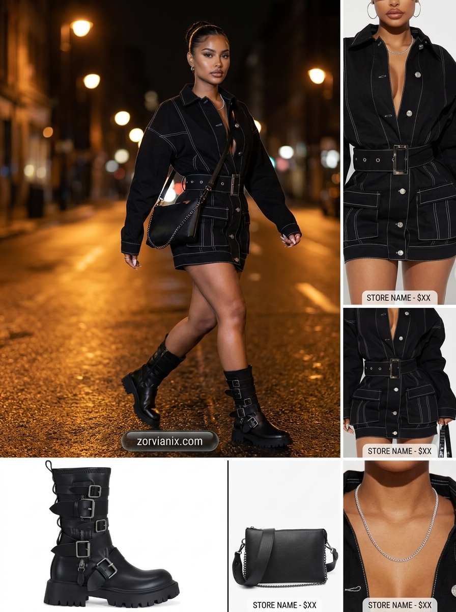 Edgy black denim shirt dress for women 2026, ideal for concerts and nights out. Styled with combat boots and silver chain.