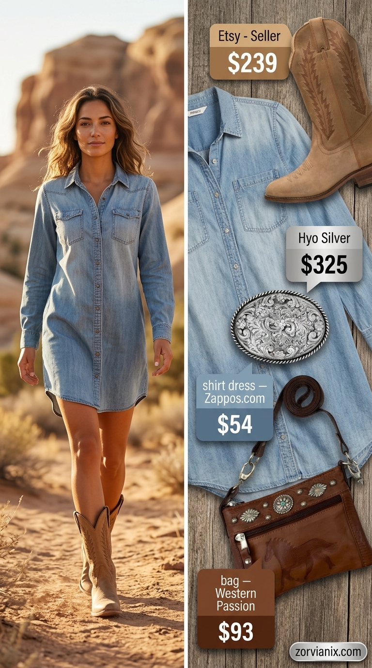 Summer festival outfit featuring a light wash denim shirt dress, tan cowboy boots, and a statement silver belt buckle.