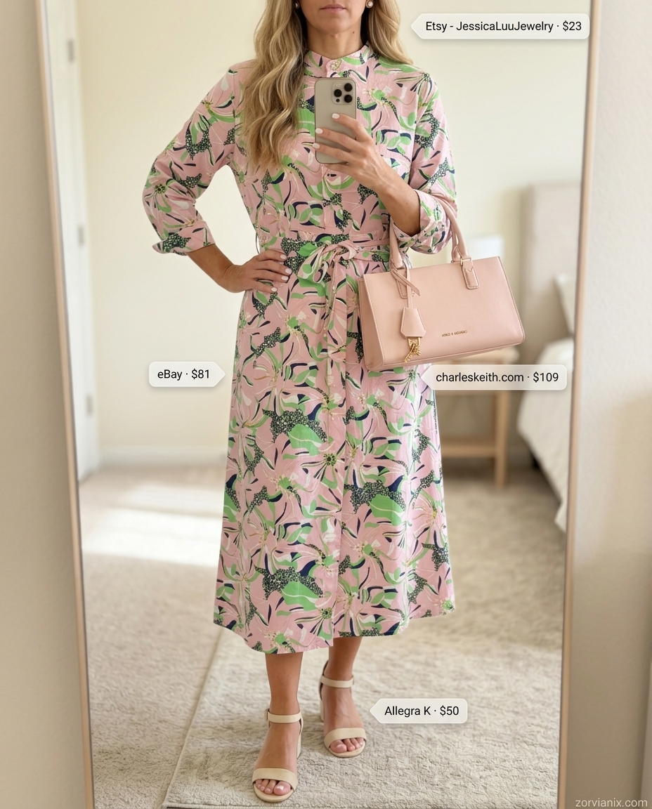 Pastel pink floral shirt dress for women 2026, ideal for garden parties and summer weddings. Styled with cream block heels.