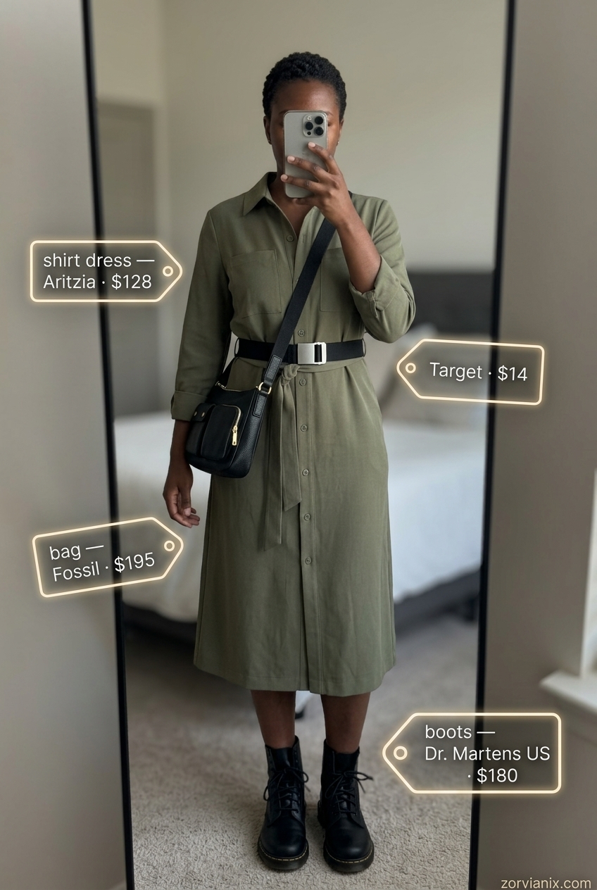 Khaki utility shirt dress for women 2026, ideal for weekend adventures and casual outings. Styled with ankle boots and crossbody bag.