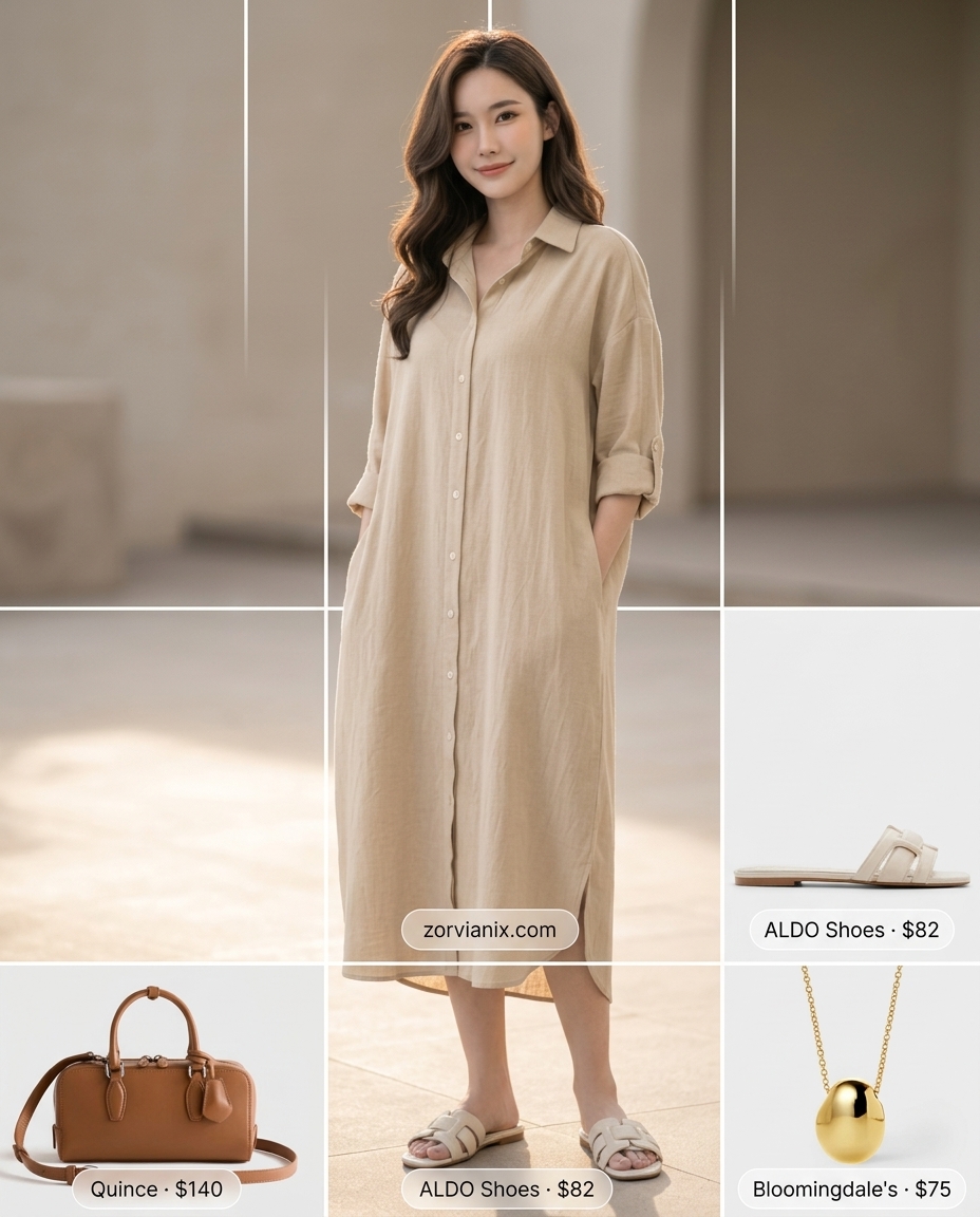 Monochrome beige linen shirt dress outfit with cream leather slides and a light brown crossbody bag.